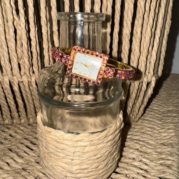 Kirks Folly Womens Cuff Watch Bracelet GoldTone Purple AB Crystal 6” - Picture 4 of 10